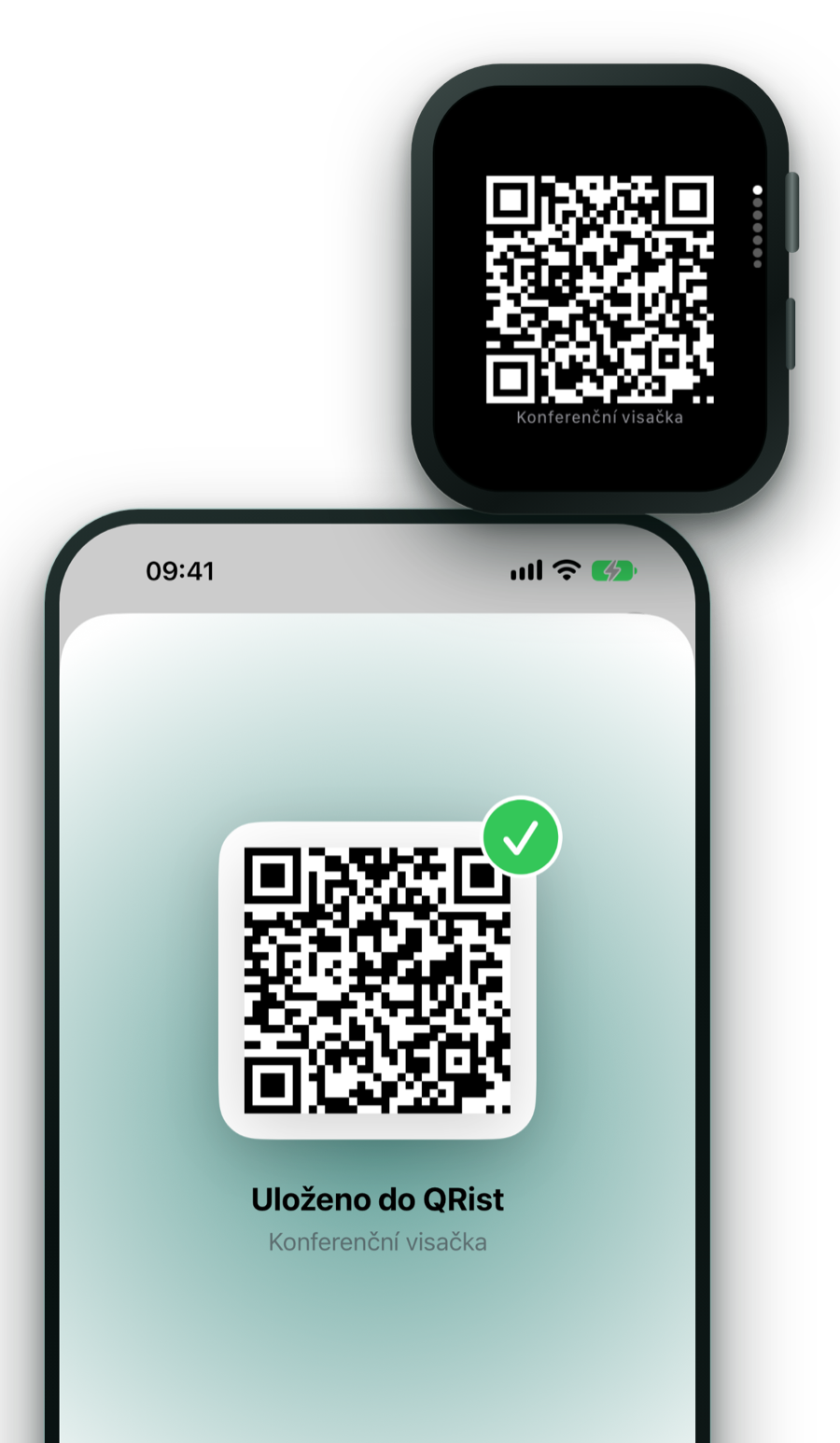 QRist na iPhonu s mřížkou uložených QR kódů vedle Apple Watch, které zobrazují jeden kód přes celou obrazovku